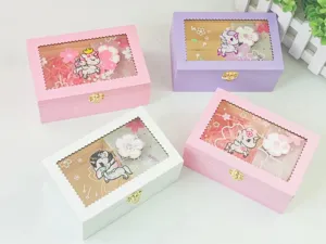 Wooden jewelry music box with clear window, cute cartoon unicorn design and gold metal clasp.