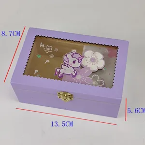 Purple wooden jewelry music box with clear window unicorn decor 13.5x8.7x5.6cm gift
