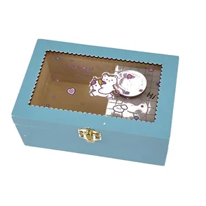 Light blue wooden music box jewelry storage box featuring a clear glass window display.