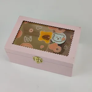 Pink wooden jewelry storage box with clear window and cute bear peach pattern, lock latch.