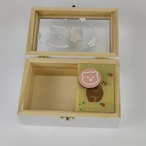 Wooden jewelry music box with mirror and cute bear design, vintage wind-up musical gift.