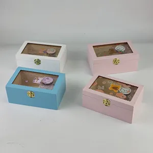 Wooden jewelry music box with transparent window, cute cartoon design desktop storage gift box.