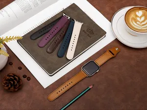 Premium genuine leather replacement watch bands compatible with Apple Watch, multiple colors.