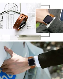 Premium genuine leather watch band with vintage rivet design, stylish replacement strap for smart.