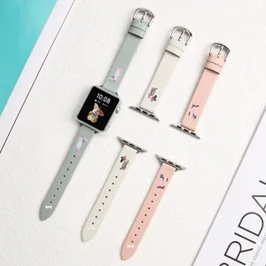 Dachshund pattern leather watch strap compatible with Apple Watch, multi-color detail view.