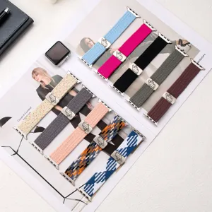 Elastic nylon braided watch band compatible with Apple Watch, soft stretchy replacement strap.