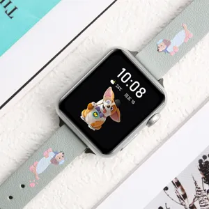 Compatible leather strap for Apple Watch with cute cartoon dachshund print design.