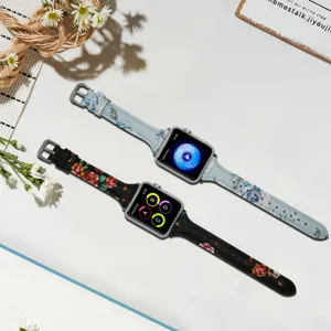 Floral Printed Leather Watch Band For Apple Watch Ultra SE Series Fashion Casual Replacement Strap Women