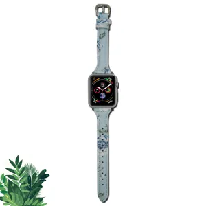 Floral printed leather watch band for Apple Watch, elegant light blue strap with silver buckle.