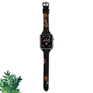 Floral print leather strap compatible with Apple Watch, stylish and elegant design for women.