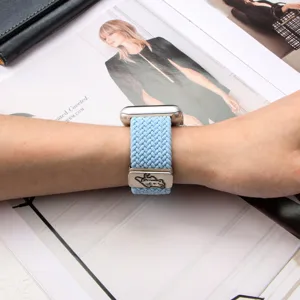 Light blue braided nylon elastic watch strap for Apple Watch with metal cat charm replacement