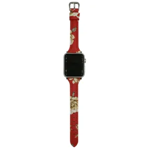 Floral print leather watch strap replacement compatible with Apple Watch women red fashion