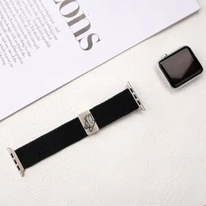 Detailed view of elastic nylon braided watch band with cute cat metal buckle for Apple Watch.
