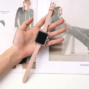 Bracelet de montre en cuir rose compatible avec Apple Watch, bracelet de rechange élégant.