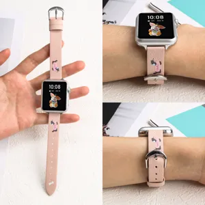Detailed view of the pink leather Apple Watch band featuring cute dachshund print and silver buckle.