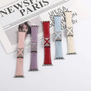 Litchi pattern leather Apple Watch band with metal X buckle, stylish replacement strap.