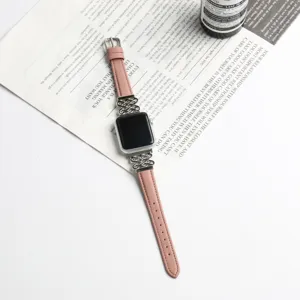 Pink leather watch strap with metal Chinese knot design compatible with Apple Watch.