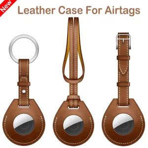 Leather case for airtags protective cover key ring loop strap brown 3pcs set accessories