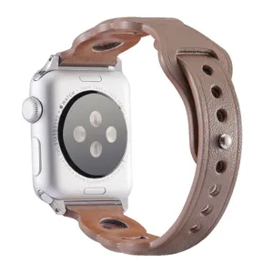 Brown leather three-ring watch band replacement strap compatible with Apple Watch 38mm.