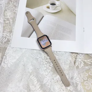 Minimalist beige genuine leather watch strap for Apple Watch stylish slim waist design women daily