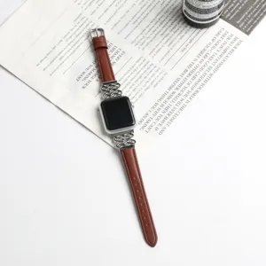 Stylish replacement brown leather watch strap with metal knot designed for Apple Watch.