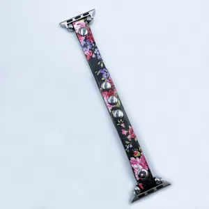 Bracelet de rechange en cuir floral pour Apple Watch avec rivets, accessoire femmes.