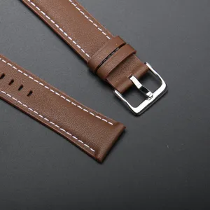 Brown leather watch strap detail view, featuring classic white stitching and metal buckle.
