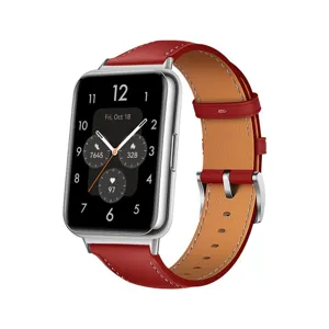 Detailed view of the premium red genuine leather watch strap with silver buckle design.