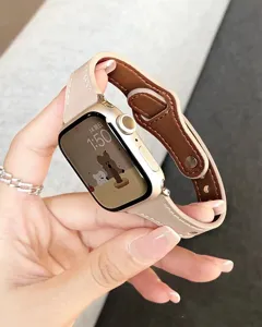 Slim leather watch strap compatible with Apple Watch, elegant beige band with brown inner lining.