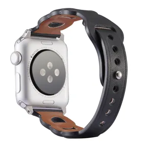 Close-up view of Apple Watch leather strap back connection and cutout three-ring leather band.