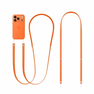 Close-up detail of the adjustable orange nylon lanyard and silicone phone case strap securely.