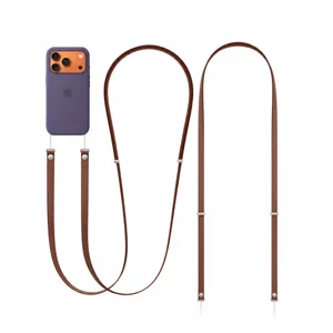 Adjustable nylon phone lanyard in ochre color with metal hardware and phone case detail.