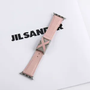 Stylish Pink Leather Apple Watch Band Lychee Pattern X Buckle Strap for iWatch Series