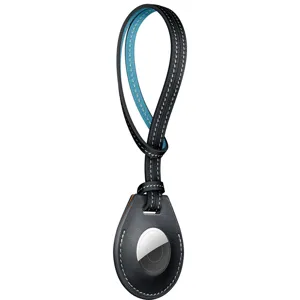 Leather Loop Case for Apple AirTag Protective Cover Key Ring Black and Blue Tracker
