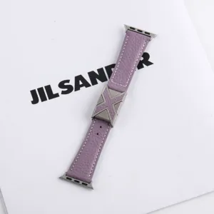Purple litchi grain leather Apple Watch band with metal X buckle replacement strap details