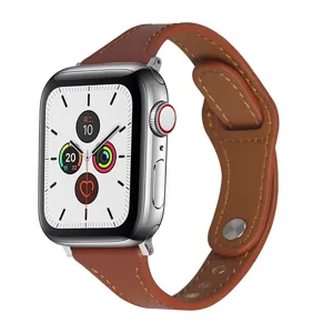 Brown genuine leather watch strap detail, slim waist design, elegant metal buckle accessory.