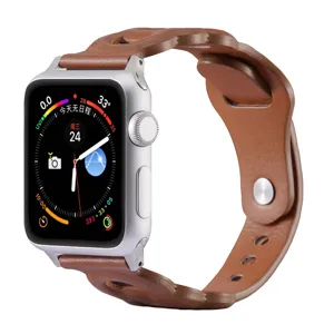 Replacement leather strap for Apple Watch, stylish brown three-ring cutout design with metal buckle.