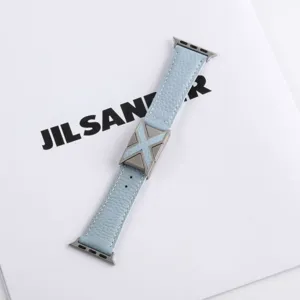 Light blue leather watch band compatible with Apple Watch, featuring metal X buckle.