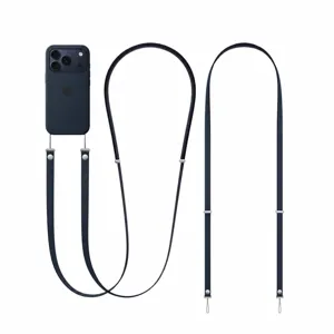 Blue nylon adjustable phone lanyard detail view with metal adjustment buckles and strap.