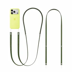 Adjustable nylon cross-body phone lanyard with silicone case in dark green for iPhone.