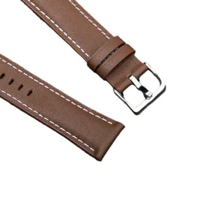 Brown leather watch strap with white stitching and silver buckle for smart watch replacement.