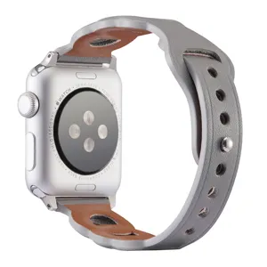 Leather watch band compatible with Apple Watch, triple ring design, stylish replacement strap.