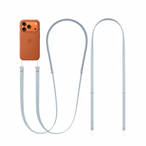 Adjustable nylon cross-body phone lanyard in light blue, detail view for accessories.