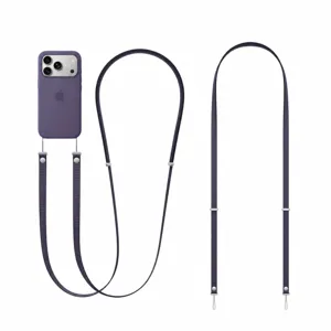 Purple silicone phone case with adjustable crossbody nylon strap for iPhone accessory.