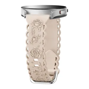 20mm silicone watch strap floral carved replacement band compatible with smartwatches beige