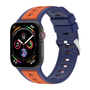 Dual-color silicone watch strap compatible with Apple Watch, featuring vertical striped design.