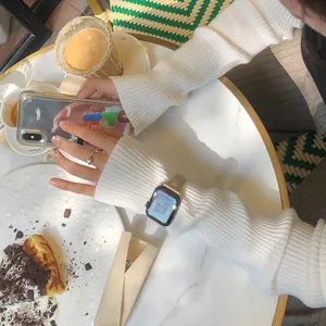 Detailed lifestyle shot of a slim genuine leather watch strap compatible with smartwatches.