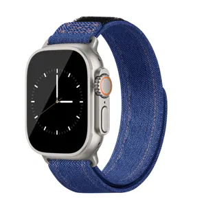 Bracelet de montre en tissu denim bleu compatible avec Apple Watch Ultra et séries.