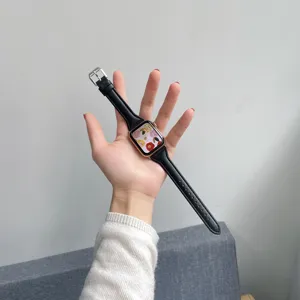 Genuine leather watch strap for Apple Watch, elegant slim design for women, black band.