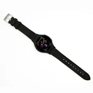 Black genuine leather watch strap replacement band compatible with Samsung smartwatches.